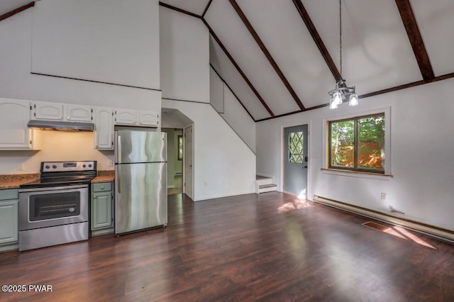 268 S Fairway Dr, Lake Ariel, PA 18436 - kitchen with stainless steel appliances, high vaulted ceiling, under cabinet range hood, beam ceiling, and dark wood-type flooring