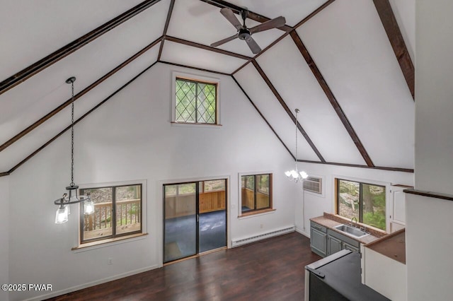 268 S Fairway Dr, Lake Ariel, PA 18436 - unfurnished living room featuring a baseboard heating unit, a chandelier, dark wood-style floors, high vaulted ceiling, and a wall mounted AC