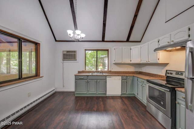 268 S Fairway Dr, Lake Ariel, PA 18436 - kitchen with stainless steel appliances, baseboard heating, under cabinet range hood, a chandelier, and beamed ceiling