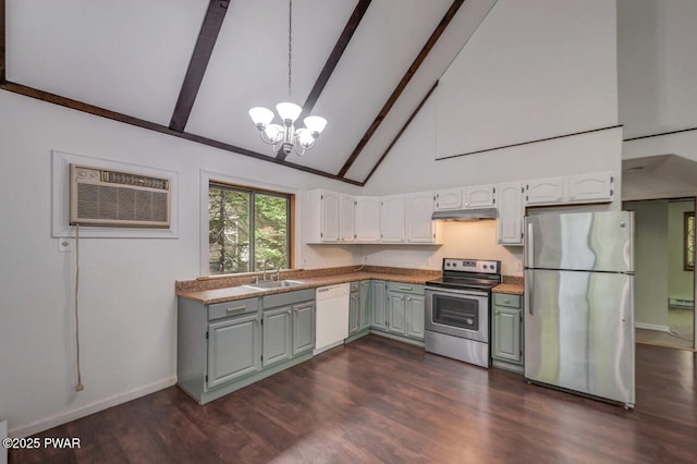 268 S Fairway Dr, Lake Ariel, PA 18436 - kitchen with appliances with stainless steel finishes, under cabinet range hood, high vaulted ceiling, a chandelier, and beamed ceiling