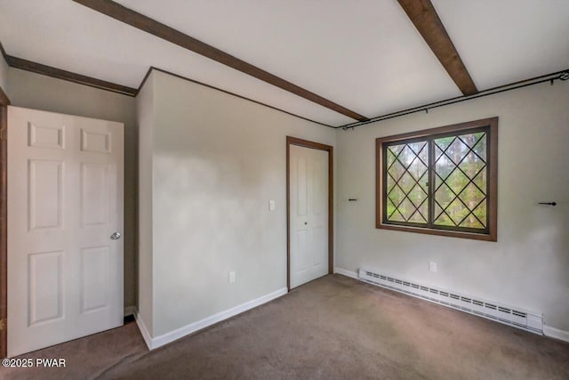 268 S Fairway Dr, Lake Ariel, PA 18436 - unfurnished bedroom featuring a baseboard heating unit, carpet floors, beamed ceiling, and a closet