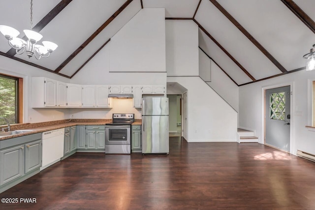 268 S Fairway Dr, Lake Ariel, PA 18436 - kitchen with appliances with stainless steel finishes, high vaulted ceiling, a chandelier, beam ceiling, and under cabinet range hood