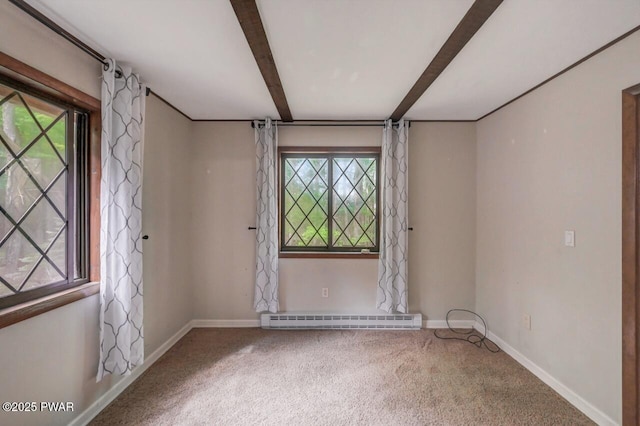 268 S Fairway Dr, Lake Ariel, PA 18436 - carpeted spare room featuring a baseboard heating unit, plenty of natural light, and beam ceiling