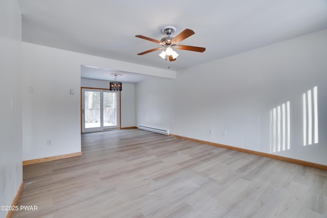 unfurnished room with ceiling fan with notable chandelier, light wood-type flooring, a baseboard radiator, and baseboards