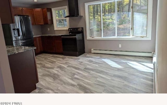 kitchen with wall chimney exhaust hood, black range with electric cooktop, a baseboard radiator, light stone counters, and stainless steel fridge with ice dispenser