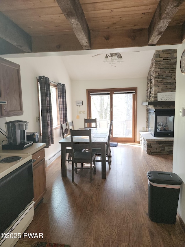 16 Gate Ct S Unit 2258, Lake Ariel, PA 18436 - dining room featuring dark wood-style flooring, wood ceiling, and a baseboard heating unit