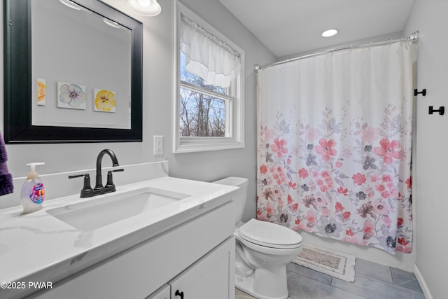 full bathroom featuring tile patterned flooring, vanity, shower / bath combination with curtain, and toilet