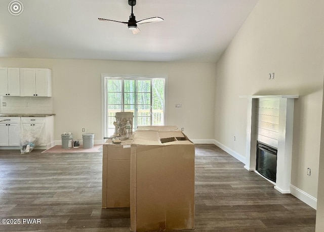 119 Lenape Dr, Milford, PA 18337 - kitchen with a ceiling fan, dark wood-style flooring, white cabinetry, and backsplash
