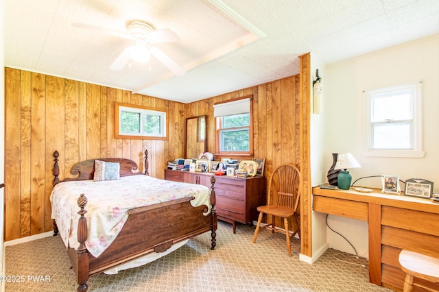 114 Springbrook Ln, Greentown, PA 18426 - bedroom featuring wooden walls, a ceiling fan, and an office area