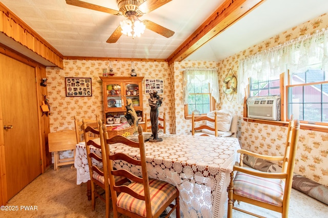 114 Springbrook Ln, Greentown, PA 18426 - dining room with wallpapered walls, carpet floors, healthy amount of natural light, a ceiling fan, and cooling unit