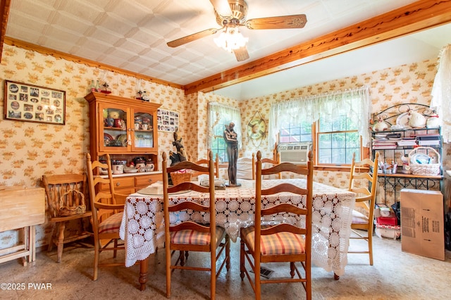 114 Springbrook Ln, Greentown, PA 18426 - dining space with wallpapered walls, carpet, cooling unit, and ceiling fan