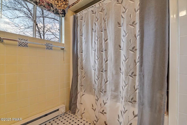111 N Redwood Dr, Greentown, PA 18426 - bathroom featuring a shower with curtain and baseboard heating