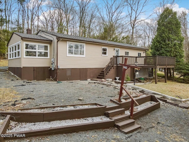 111 N Redwood Dr, Greentown, PA 18426 - rear view of property with crawl space, a chimney, a wooden deck, and stairway