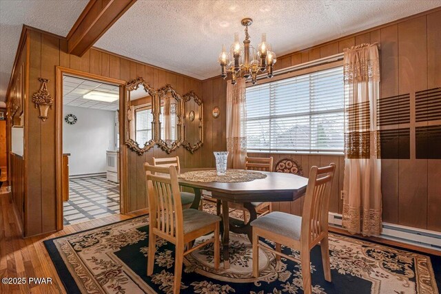111 N Redwood Dr, Greentown, PA 18426 - dining space featuring wood walls, light wood-type flooring, a chandelier, a textured ceiling, and beamed ceiling
