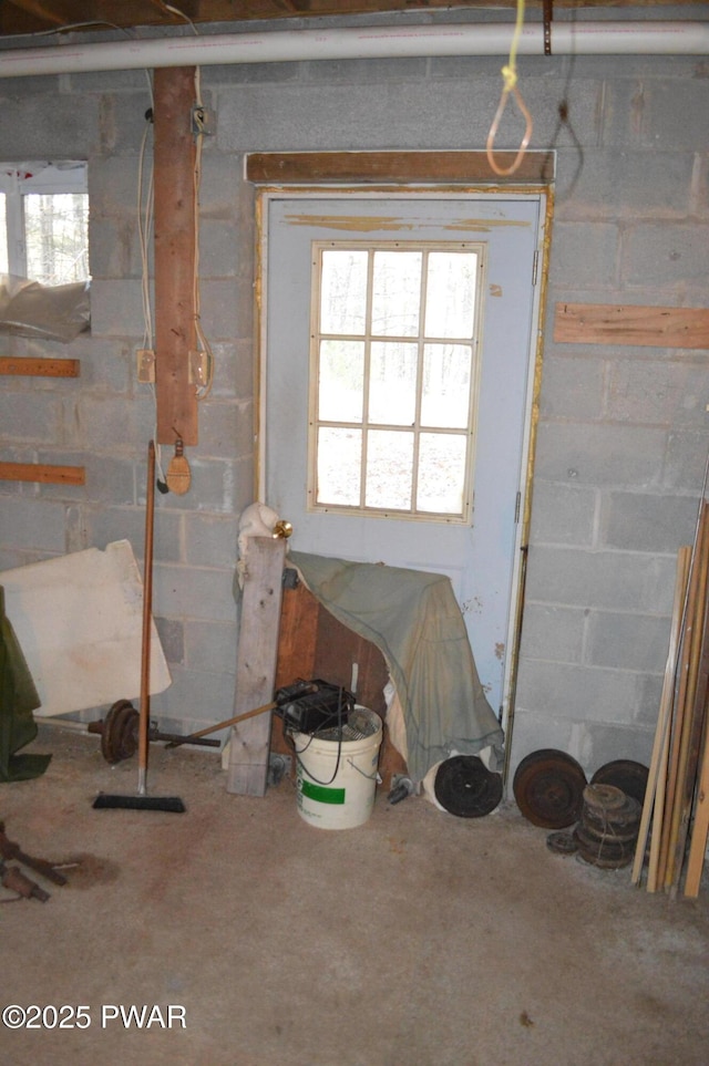 below grade area featuring plenty of natural light and concrete block wall