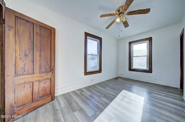 unfurnished bedroom with multiple windows, ceiling fan, and light wood-type flooring