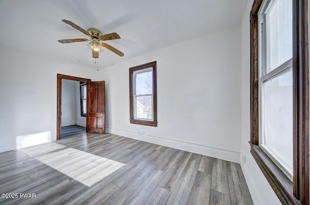 spare room with ceiling fan and light hardwood / wood-style flooring