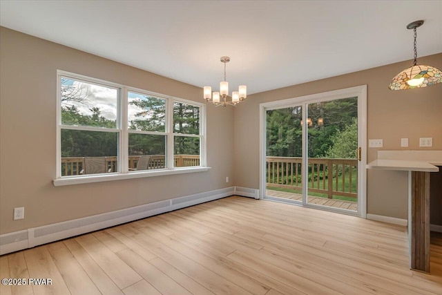 1039 Towpath Rd, Hawley, PA 18428 - unfurnished dining area with a chandelier, a baseboard radiator, and light wood finished floors