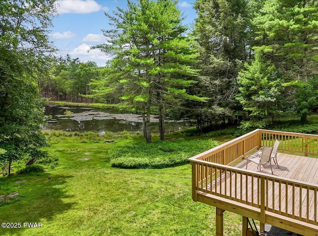 1039 Towpath Rd, Hawley, PA 18428 - view of green lawn featuring a deck with water view and a wooded view