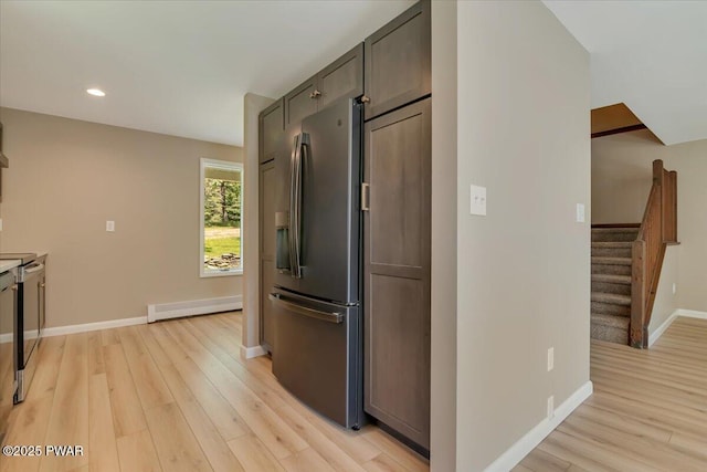 1039 Towpath Rd, Hawley, PA 18428 - kitchen with a baseboard radiator, stainless steel fridge with ice dispenser, light wood-style floors, recessed lighting, and dishwasher