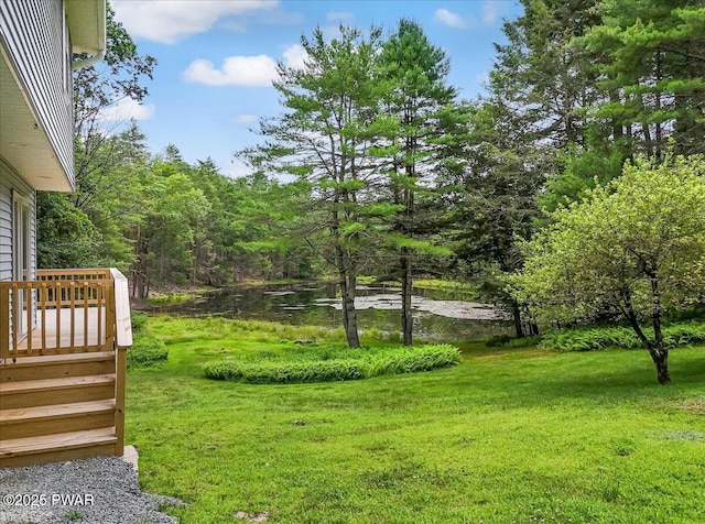 1039 Towpath Rd, Hawley, PA 18428 - view of green lawn featuring a deck with water view