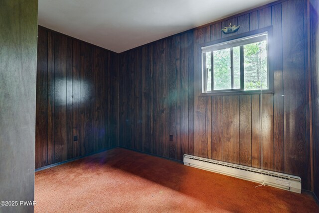 1086 Hampstead Rd, Bushkill, PA 18324 - spare room with a baseboard radiator, carpet floors, and wooden walls