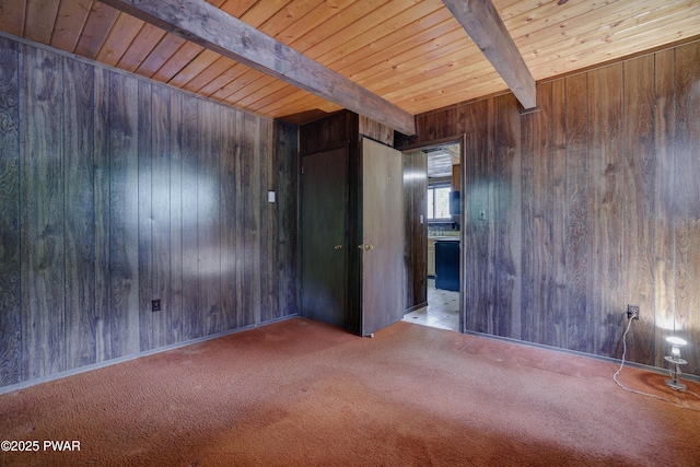 1086 Hampstead Rd, Bushkill, PA 18324 - spare room with wood ceiling with exposed beams, wooden walls, and carpet flooring