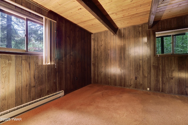 1086 Hampstead Rd, Bushkill, PA 18324 - carpeted empty room with baseboard heating, plenty of natural light, wooden ceiling with exposed beams, and wood walls