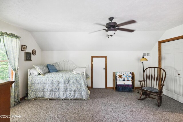 119 Canoebrook Dr, Hawley, PA 18428 - carpeted bedroom featuring lofted ceiling, ceiling fan, and baseboards