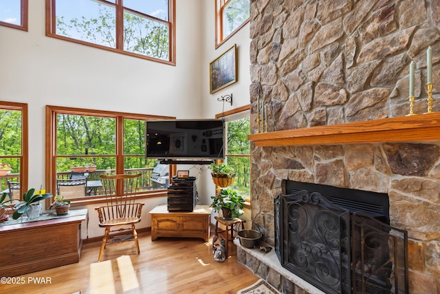 119 Canoebrook Dr, Hawley, PA 18428 - living room featuring a high ceiling, wood finished floors, and a fireplace