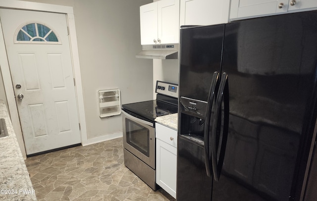 kitchen featuring white cabinetry, electric range, light stone counters, heating unit, and black fridge with ice dispenser