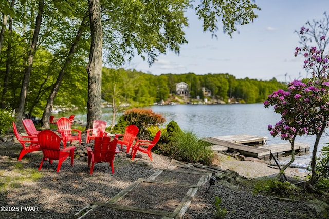 1749 Rockpoint Ct, Lake Ariel, PA 18436 - view of yard with a water view, a boat dock, and a fire pit