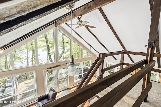 1749 Rockpoint Ct, Lake Ariel, PA 18436 - detailed view of beamed ceiling, carpet flooring, and ceiling fan