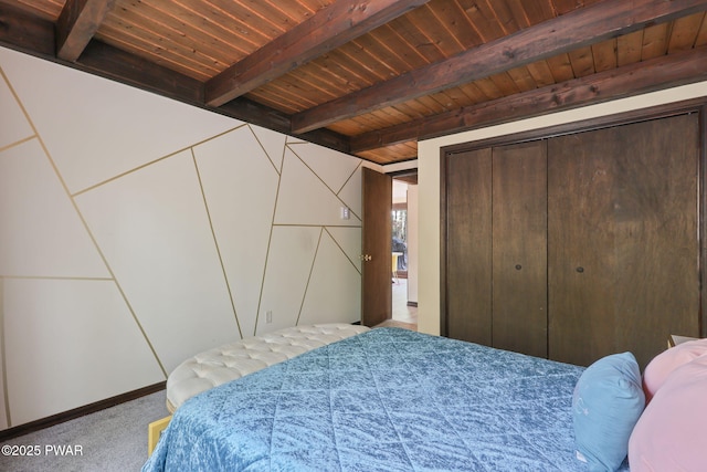 carpeted bedroom with wooden ceiling and beam ceiling