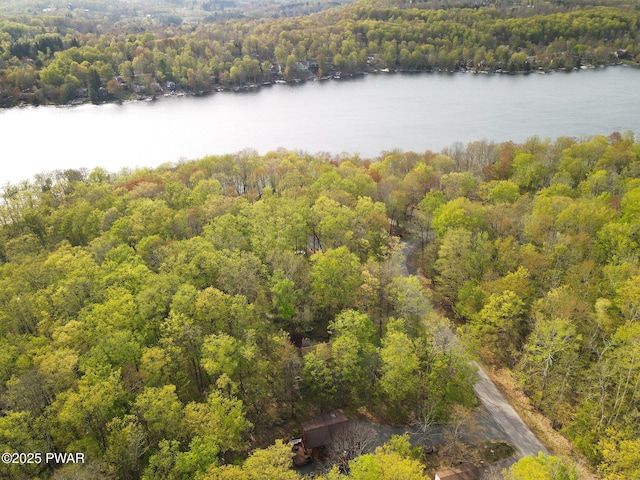 drone / aerial view featuring a water view and a wooded view