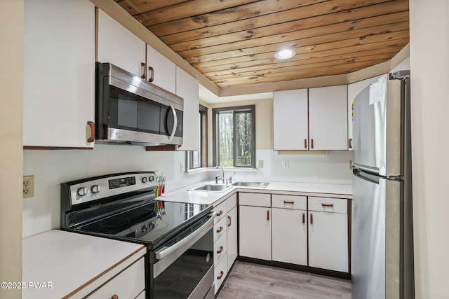 kitchen featuring a sink, white cabinetry, wooden ceiling, and stainless steel appliances
