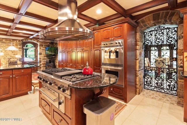 1118 Belvidere Corner Rd, Upper Mount Bethel, PA 18343 - kitchen featuring a center island, dark stone counters, coffered ceiling, island exhaust hood, and stainless steel appliances