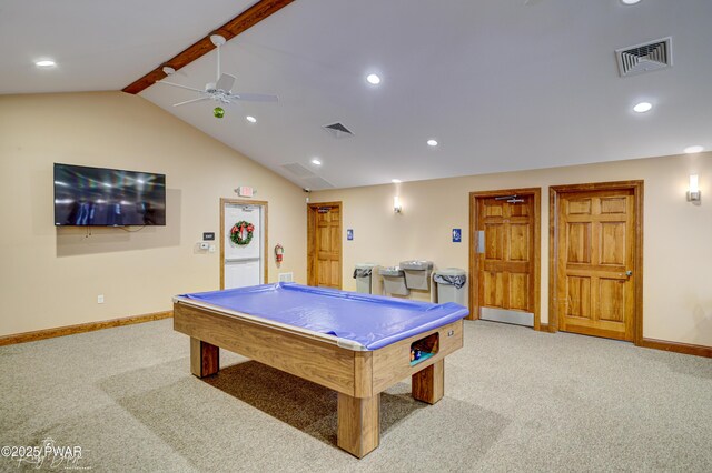 rec room with visible vents, pool table, baseboards, carpet, and recessed lighting