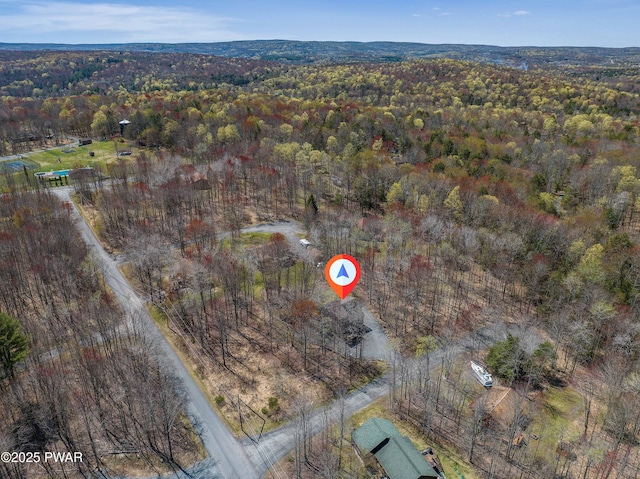drone / aerial view featuring a view of trees