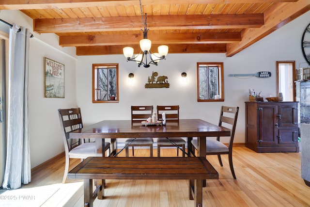 dining space with baseboards, an inviting chandelier, wood ceiling, and light wood finished floors