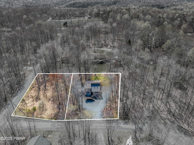 birds eye view of property with a forest view