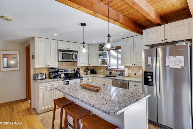 kitchen with backsplash, beamed ceiling, appliances with stainless steel finishes, and a sink