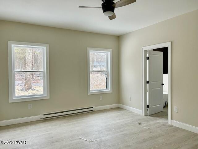 spare room with ceiling fan, light hardwood / wood-style floors, and a baseboard radiator