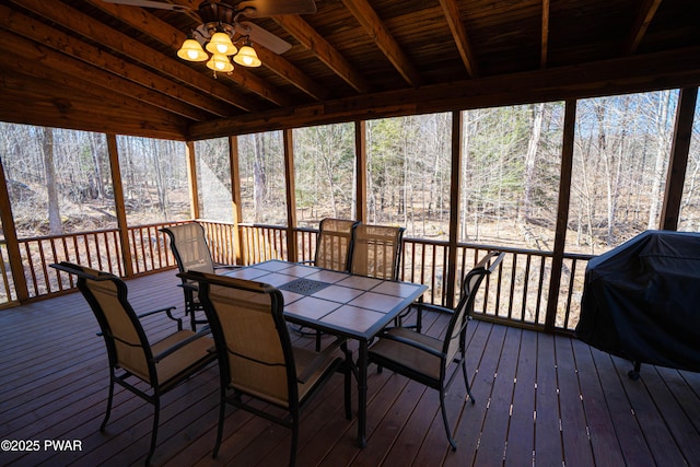 92 Thornwood Ter, Lake Ariel, PA 18436 - unfurnished sunroom featuring a wealth of natural light, beamed ceiling, outdoor dining area, and ceiling fan