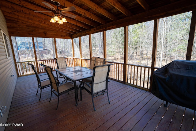 92 Thornwood Ter, Lake Ariel, PA 18436 - unfurnished sunroom with ceiling fan, outdoor dining area, and beamed ceiling