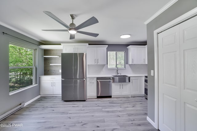 146 Country Club Dr, Thornhurst, PA 18424 - kitchen with appliances with stainless steel finishes, a baseboard radiator, ornamental molding, white cabinetry, and a ceiling fan