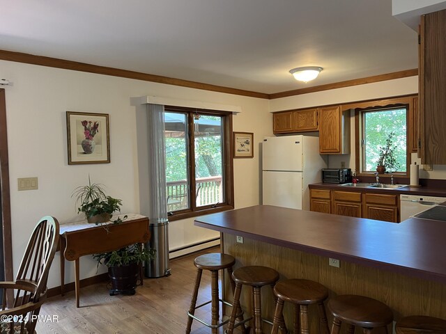 kitchen with a wealth of natural light, a baseboard radiator, crown molding, hardwood / wood-style floors, and white appliances