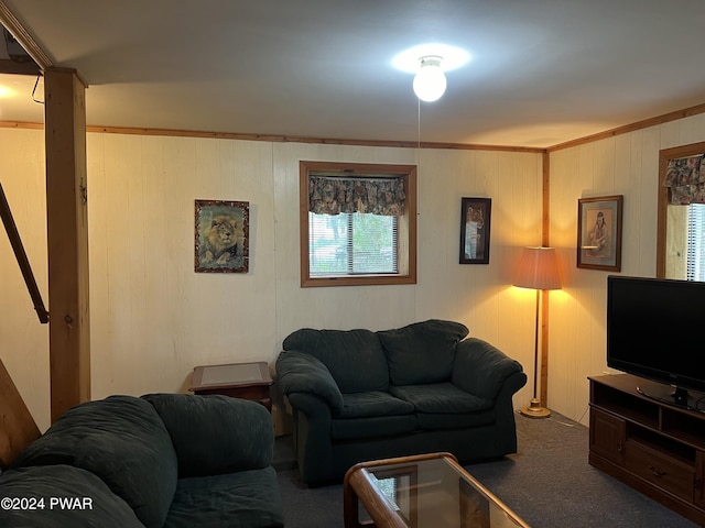 carpeted living room featuring ornamental molding