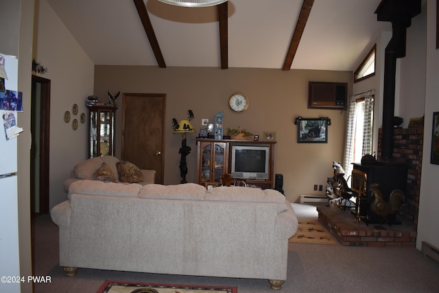 carpeted living room with a wood stove, a baseboard radiator, and vaulted ceiling