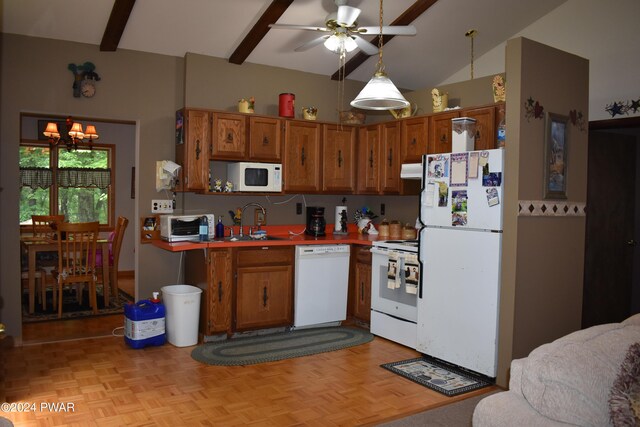 kitchen featuring ceiling fan with notable chandelier, white appliances, sink, lofted ceiling with beams, and light parquet flooring